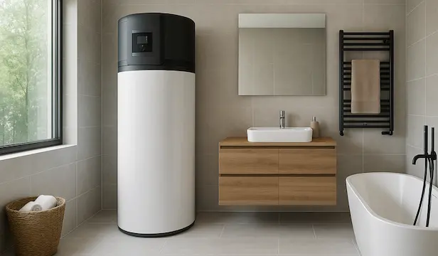 Un ballon thermodynamique installation dans la salle de bain d'une maison moderne.