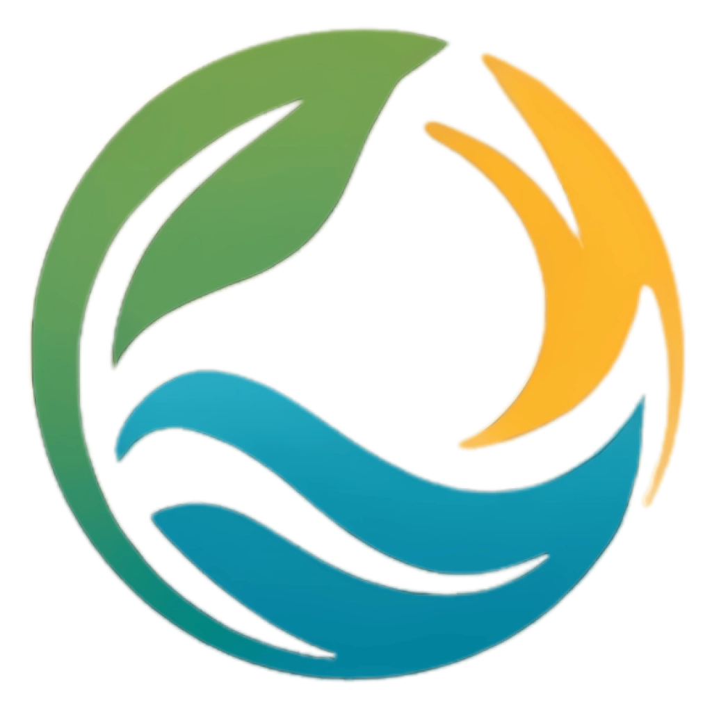 Logo circulaire représentant une feuille verte, des vagues bleues et un soleil jaune, symbolisant la nature et l'harmonie. Son design est fluide et équilibré.