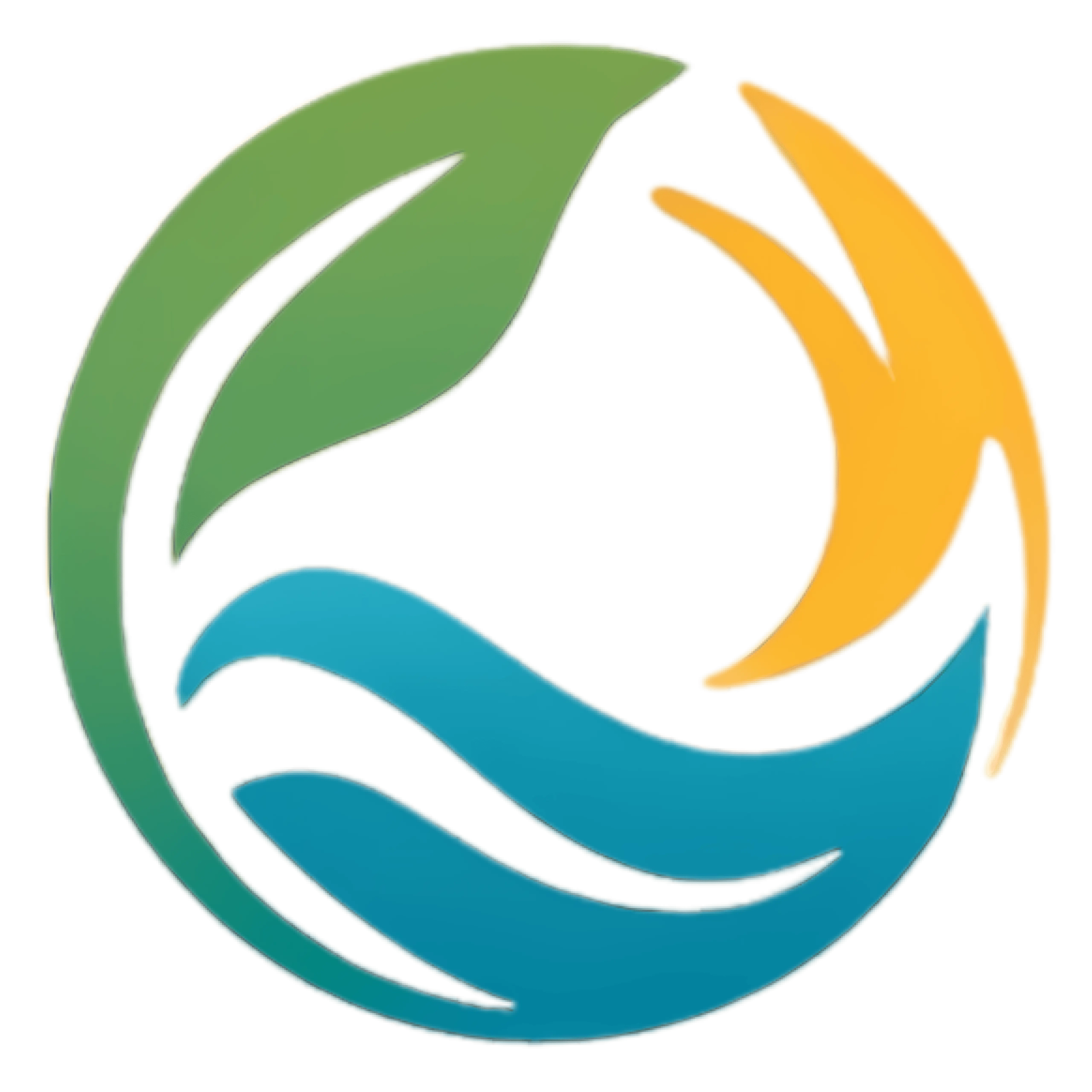 Logo circulaire représentant une feuille verte, des vagues bleues et un soleil jaune, symbolisant la nature et l'harmonie. Son design est fluide et équilibré.