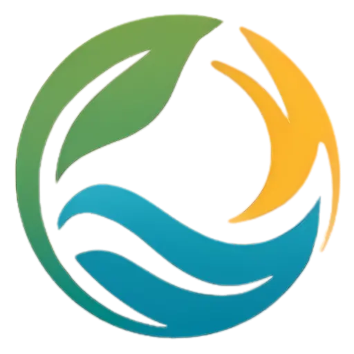 Logo circulaire représentant une feuille verte, des vagues bleues et un soleil jaune, symbolisant la nature et l'harmonie. Son design est fluide et équilibré.