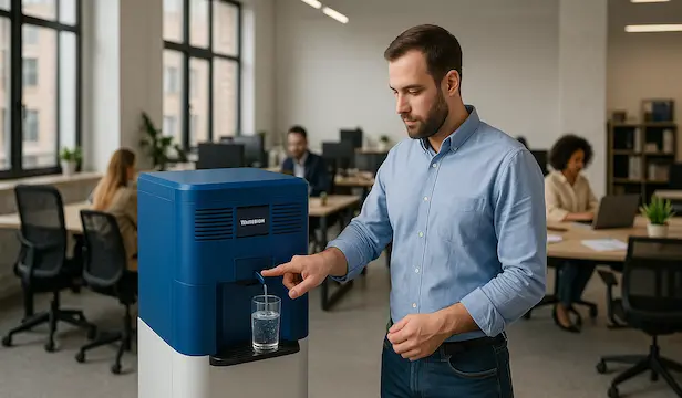 Un homme en chemise bleue remplit un verre d'eau à la glacière dans un bureau ouvert et lumineux. Des collègues travaillent à leurs bureaux, créant une atmosphère à la fois concentrée et détendue.