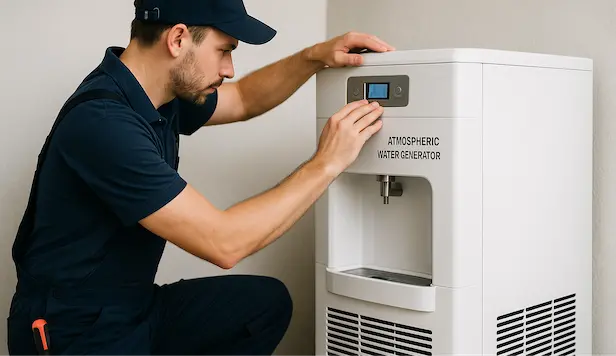 A technician in a navy uniform adjusts settings on an atmospheric water generator. The room is neutral-toned, conveying a focused and professional atmosphere.