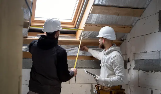 Deux ouvriers du bâtiment, coiffés de casques de chantier, mesurent un grenier. L'un tient un mètre ruban, l'autre une tablette numérique. Le plafond de la pièce est partiellement fini.