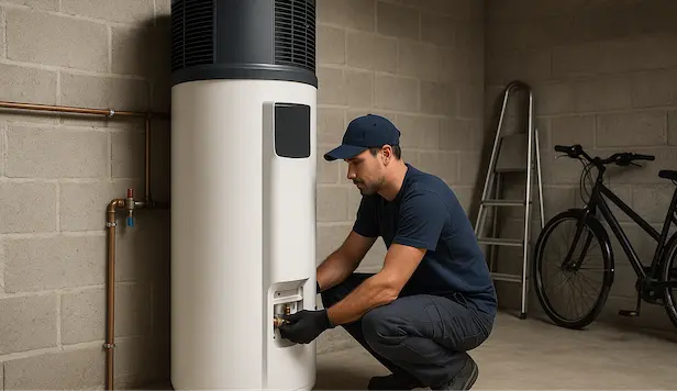 Un homme en uniforme bleu est agenouillé, réparant un grand chauffe-eau blanc dans un garage. Un vélo, une échelle et des tuyaux apparents sont visibles, évoquant une scène de travail concentrée.