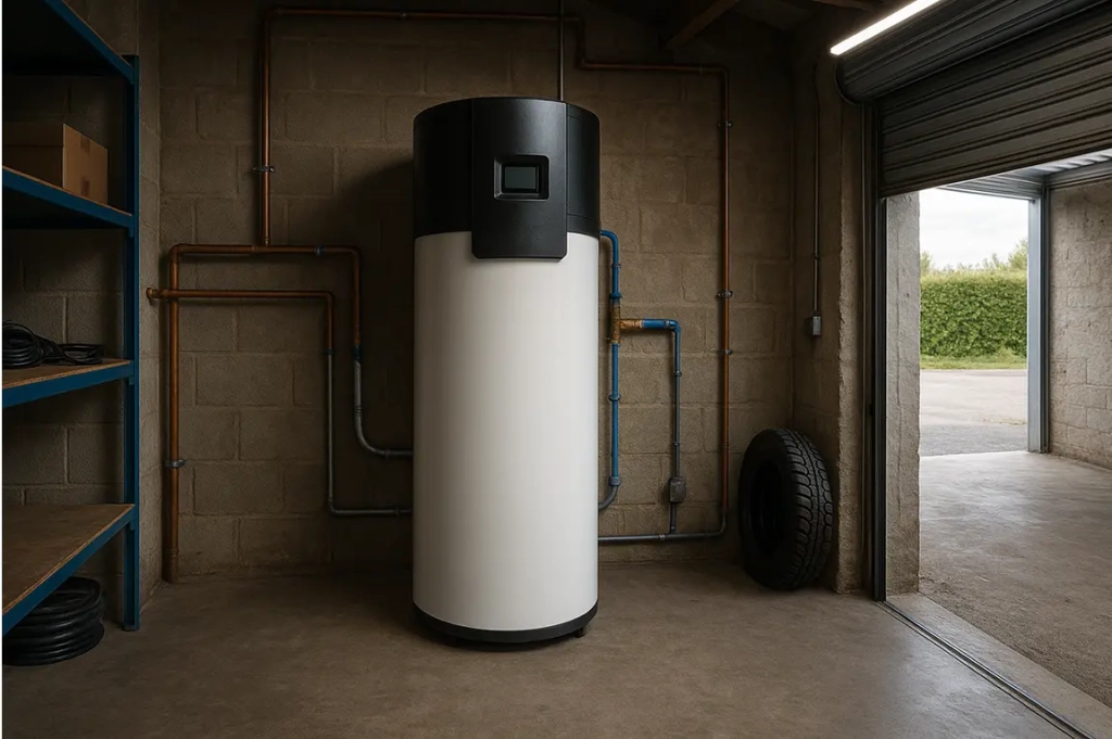 Un grand chauffe-eau blanc trône dans un garage, relié par des tuyaux en cuivre apparents à un mur de briques grises. Des étagères et un pneu se trouvent à proximité. La lumière naturelle pénètre par la porte ouverte du garage, créant une atmosphère épurée et ordonnée.