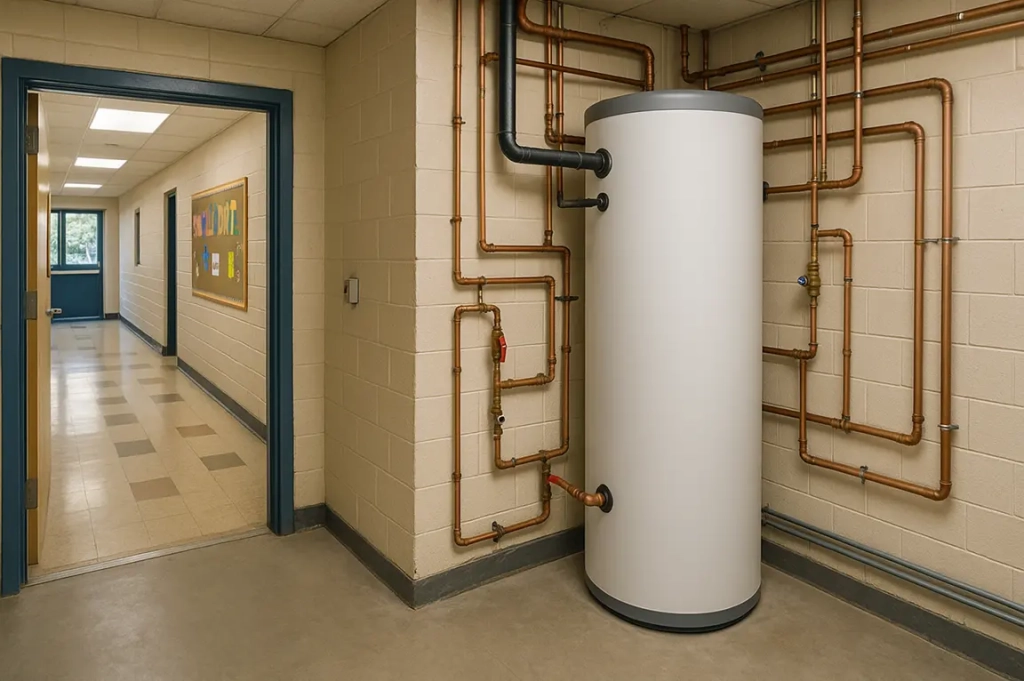 Un couloir avec un tableau d'affichage mène à une pièce aux murs de briques beiges, dotée d'un grand réservoir cylindrique blanc et d'un système complexe de tuyauterie en cuivre, créant une atmosphère industrielle.