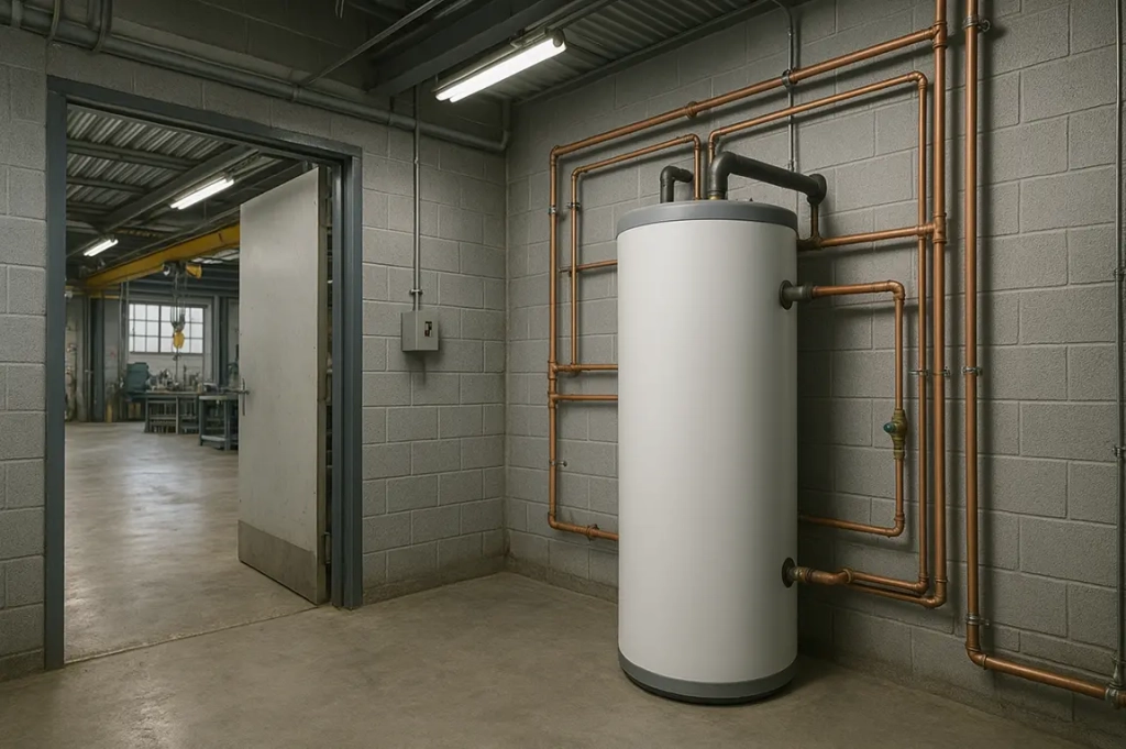 Local industriel avec un grand chauffe-eau blanc relié à des tuyaux en cuivre sur un mur en béton gris. Une porte ouverte mène à un atelier équipé de matériel.