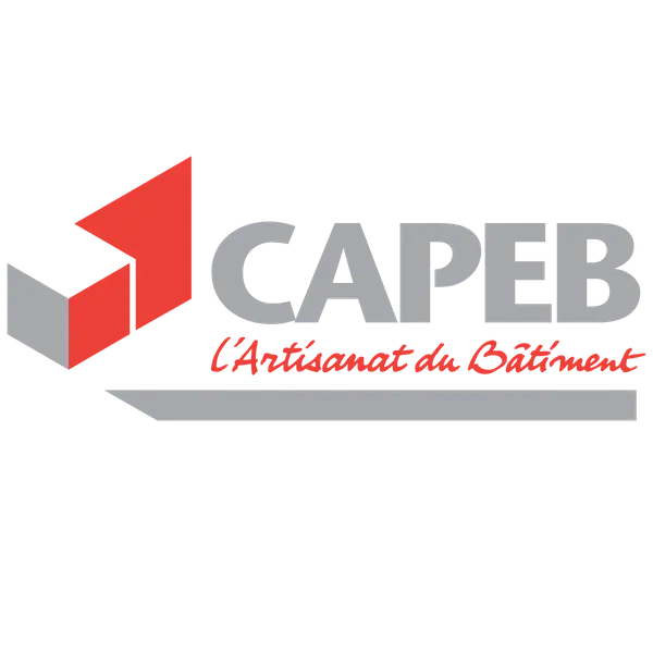 Le logo de la CAPEB présente un design géométrique rouge et gris et le texte « CAPEB » en gris, avec « L’artisanat du Bâtiment » en cursive rouge en dessous.