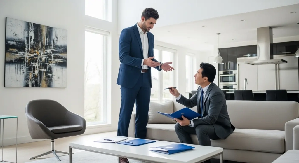 Deux hommes d'affaires en costume discutent dans un salon moderne. L'un est debout et fait des gestes, tandis que l'autre est assis sur un canapé, des documents à la main.