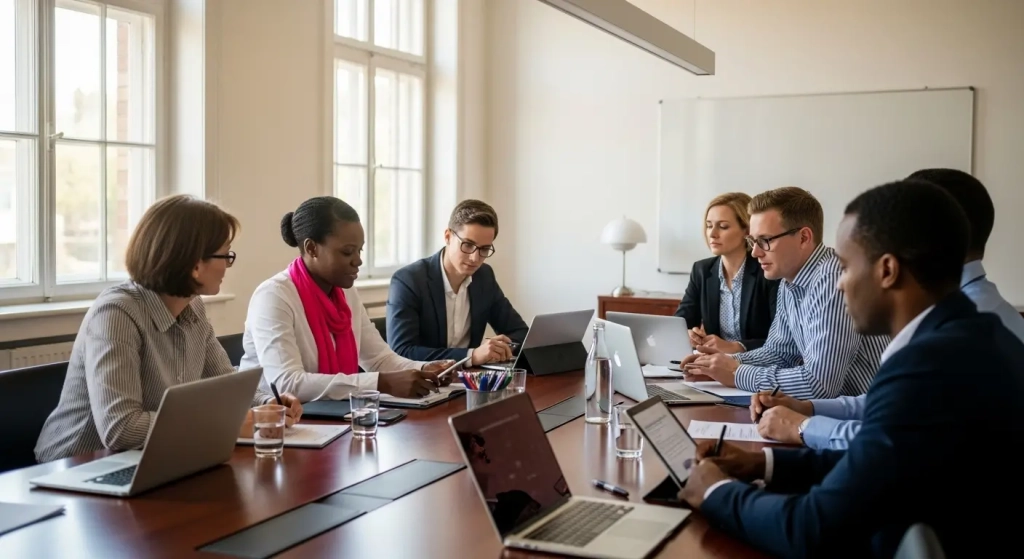 Huit personnes en tenue professionnelle sont assises autour d'une table de conférence avec des ordinateurs portables et des documents, engagées dans une discussion, transmettant un ton collaboratif et concentré.