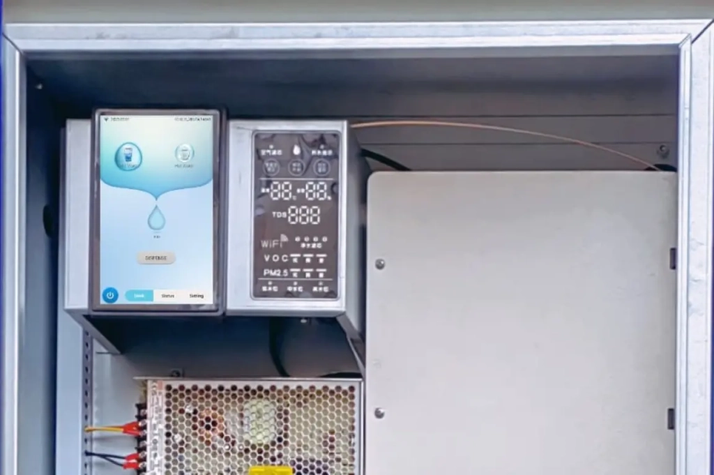 Gros plan d'un panneau de commande dans un boîtier métallique avec un écran tactile numérique affichant les options d'eau. À droite, un autre panneau affiche les relevés électroniques.