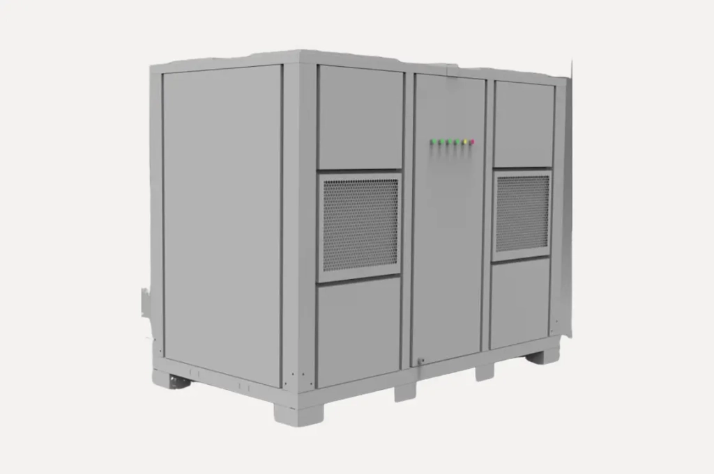 Grande armoire industrielle grise avec panneaux de ventilation et rangée de voyants lumineux colorés. Son design évoque une technologie moderne et fonctionnelle.