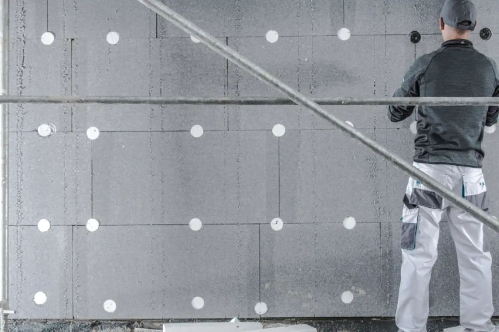 Un ouvrier en tenue de protection installe des panneaux isolants gris avec des ancrages circulaires blancs sur la façade d'un bâtiment, encadré par un échafaudage métallique.