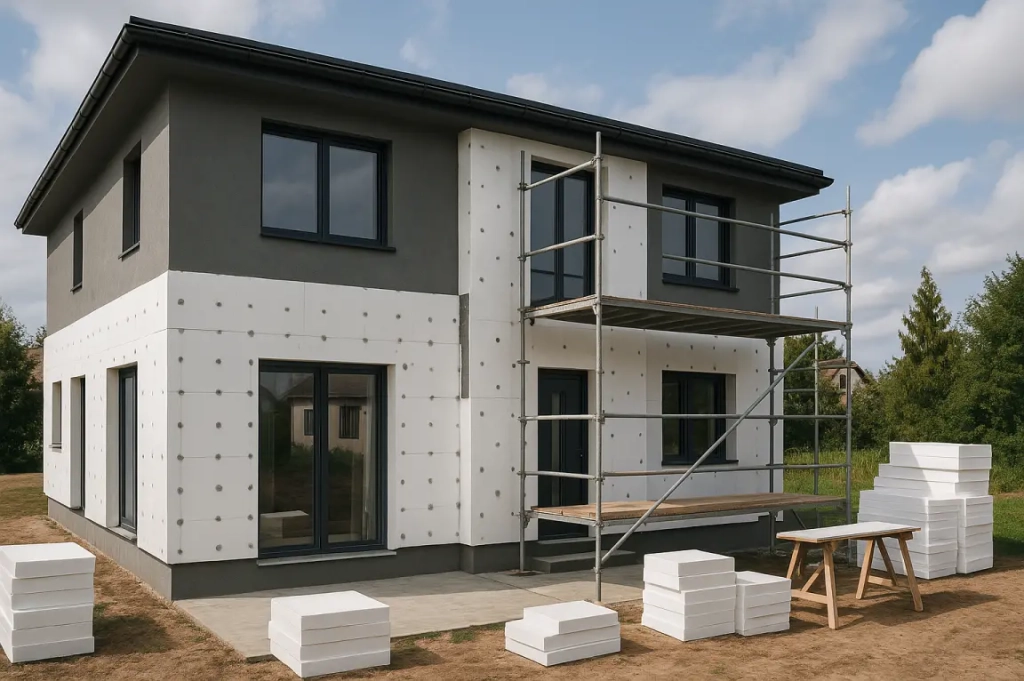 Une maison à deux étages avec des panneaux isolants blancs en cours d'installation. Un échafaudage est placé à droite, entouré de piles de panneaux et d'un établi sur une pelouse.