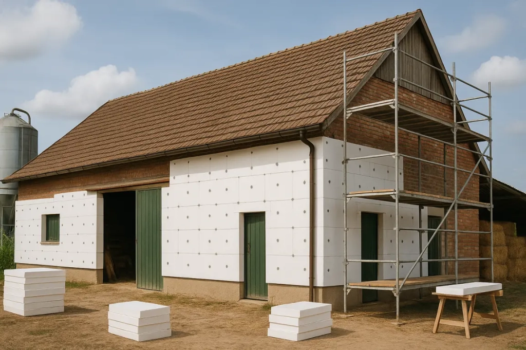 Bâtiment en briques avec échafaudages et plaques isolantes en mousse blanche. Portes et fenêtres vertes, bottes de foin à proximité, sous un ciel bleu nuageux. Cadre champêtre.