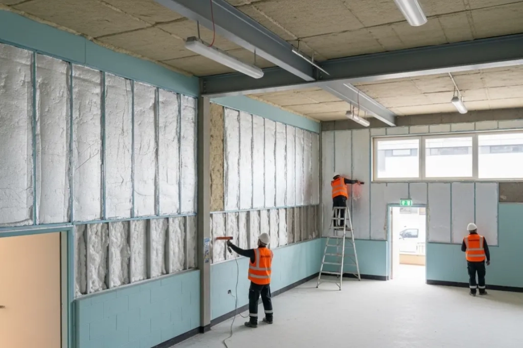 Trois ouvriers du bâtiment portant des gilets et des casques orange installent de l'isolant sur les murs d'une pièce spacieuse, transmettant un sentiment d'industrie et de concentration.