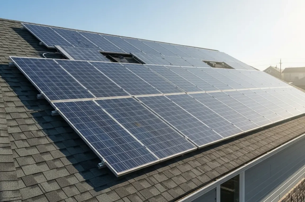 Les panneaux solaires sur le toit profitent de la lumière du soleil, inclinés sur des bardeaux gris, reflétant un engagement envers les énergies renouvelables et la durabilité environnementale.