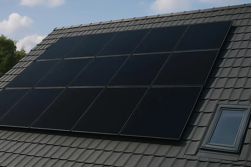 Un toit avec d'élégants panneaux solaires noirs sur des tuiles grises sous un ciel bleu, suggérant durabilité et solutions énergétiques modernes. Une petite lucarne est visible.