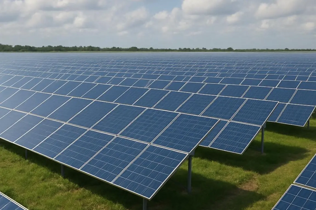 Un vaste réseau de panneaux solaires sous un ciel partiellement nuageux, recouvrant l'herbe verte. Un concept d'énergie renouvelable à la fois serein et optimiste.