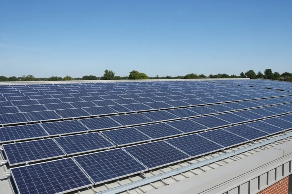 Des panneaux solaires coûteux sur le toit sous un ciel bleu clair avec des arbres en arrière-plan, transmettant de l'énergie renouvelable et de la durabilité.