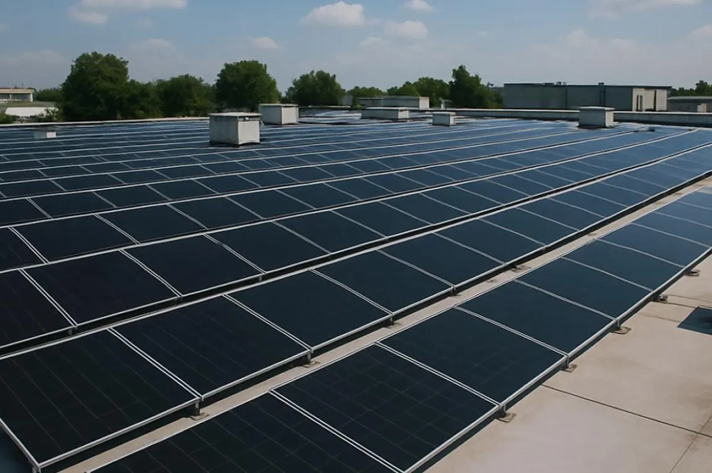 Toit recouvert de rangées de panneaux solaires élégants et sombres sous un ciel bleu clair, entouré d'arbres verts, véhiculant durabilité et innovation.