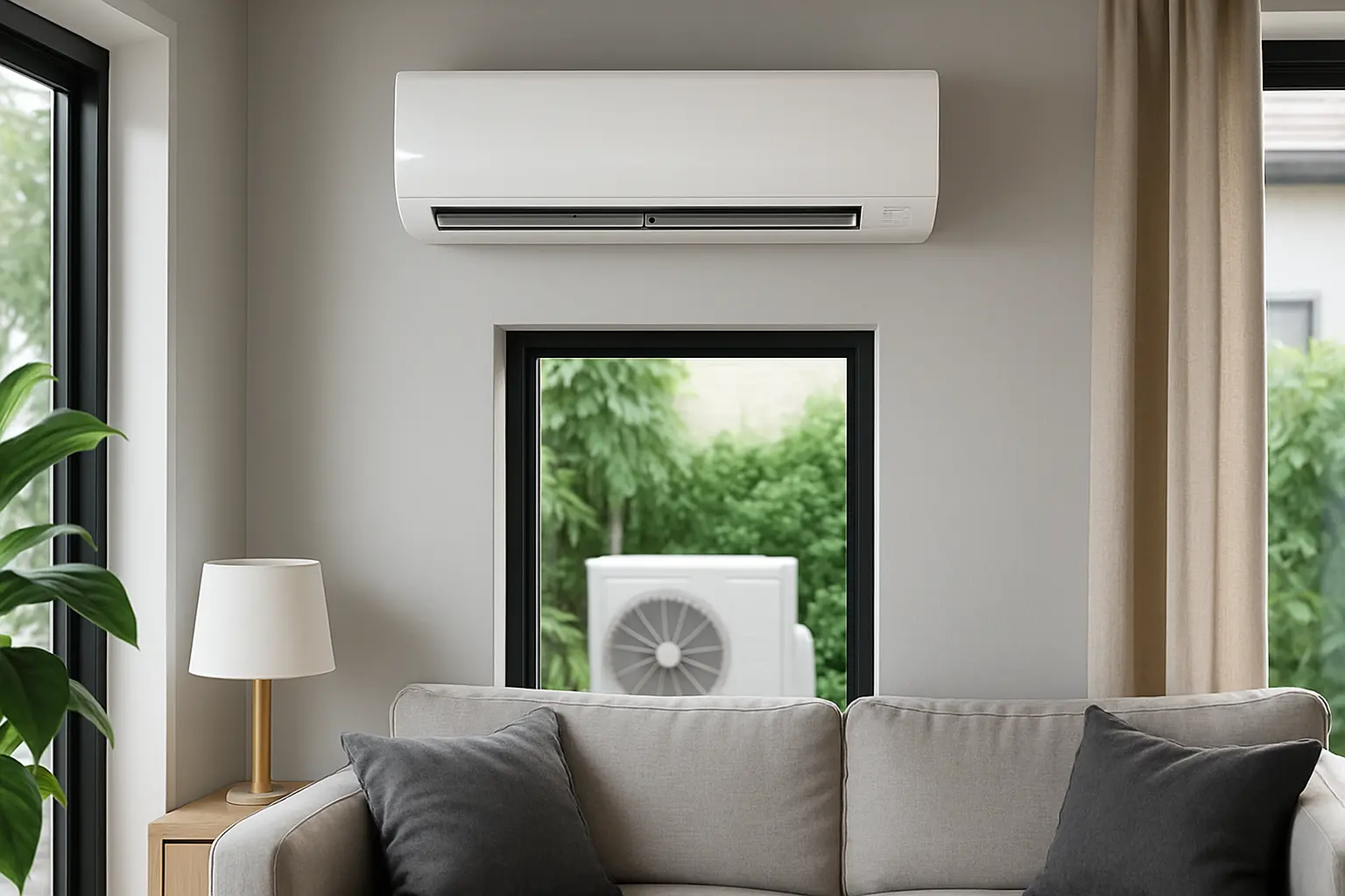 Salon élégant avec canapé, lampe et rideaux. Un climatiseur blanc est installé au-dessus d'une fenêtre laissant apparaître de la verdure. Ambiance calme et chaleureuse.
