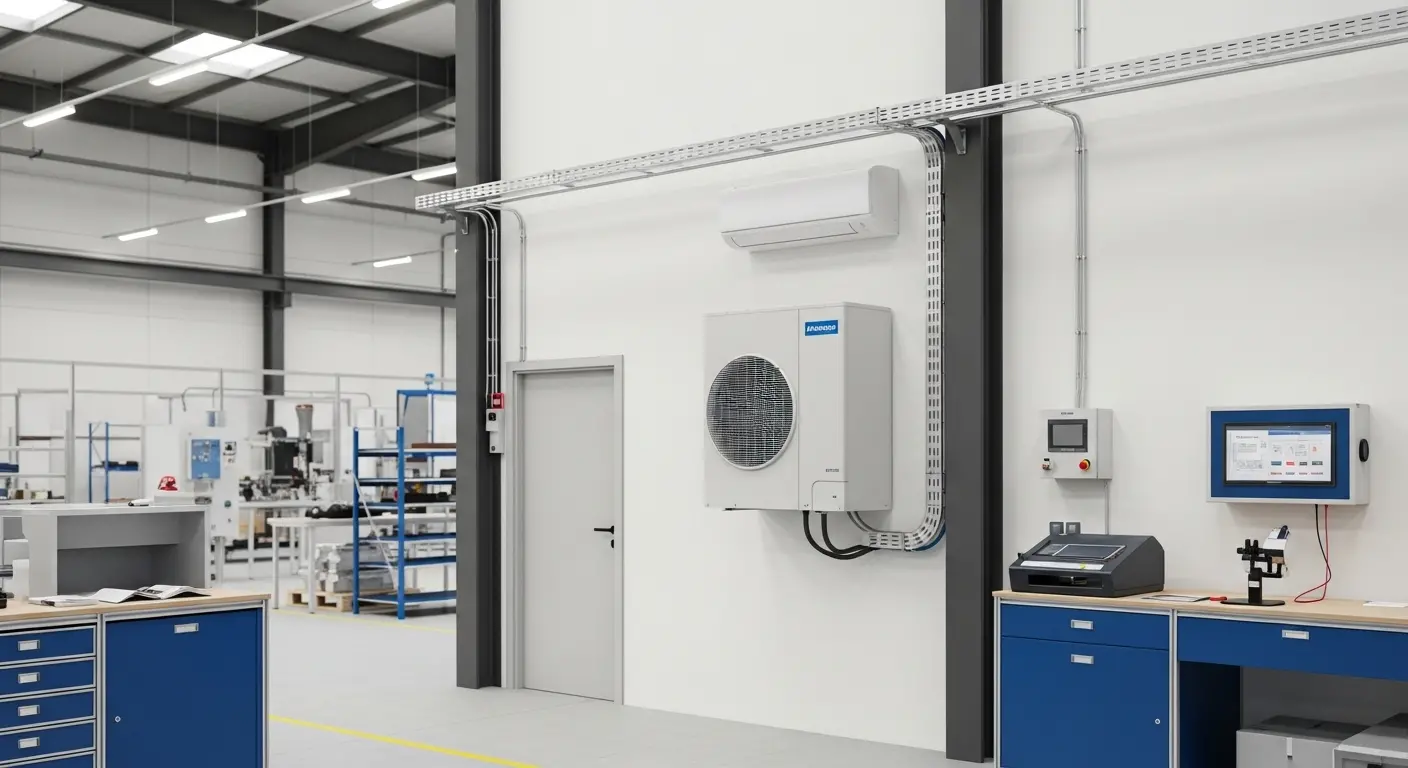 Intérieur d'usine moderne avec un éclairage lumineux et un espace de travail organisé. Des armoires bleues, des machines et un système de climatisation mural créent une atmosphère propre et efficace.