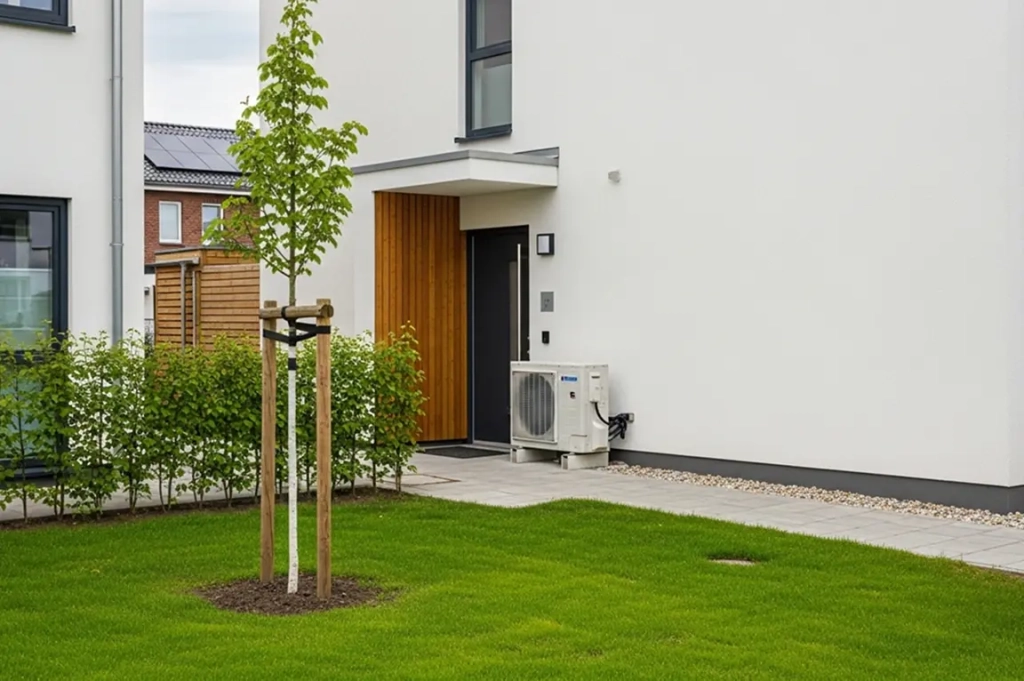 Extérieur d'une maison moderne avec pelouse impeccable et jeune arbre. Murs blancs, touches de bois et climatisation créent un style épuré et contemporain.