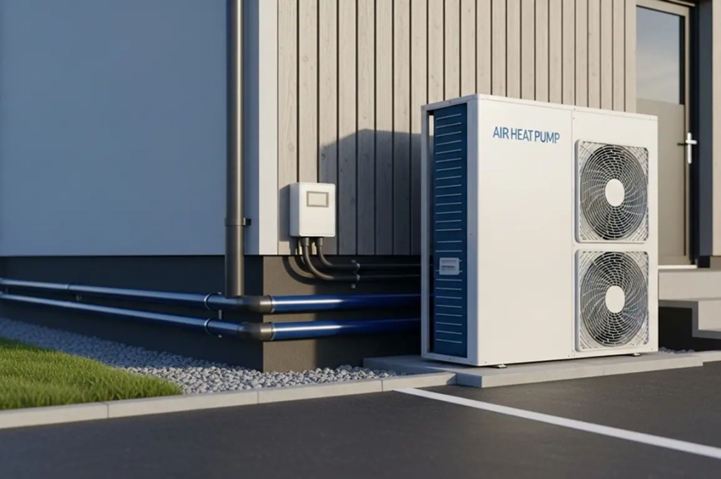 Unité de pompe à chaleur extérieure contre un bâtiment moderne, avec deux ventilateurs visibles et des tuyaux bleus. L'agencement est soigné et reflète l'efficacité.