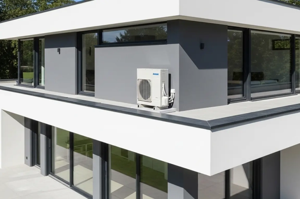 Une maison moderne blanche et grise à deux étages avec de grandes fenêtres. Un climatiseur extérieur est installé sur le balcon. L'ambiance est épurée et contemporaine.