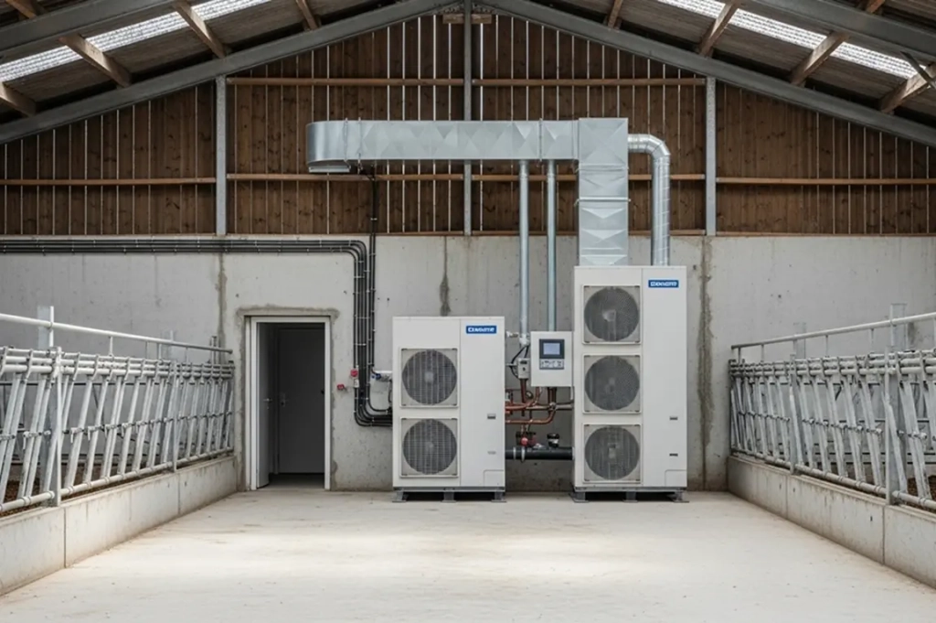 Équipement industriel installé dans une vaste grange, avec deux grandes unités de climatisation à conduits apparents. L'environnement est propre et ordonné.
