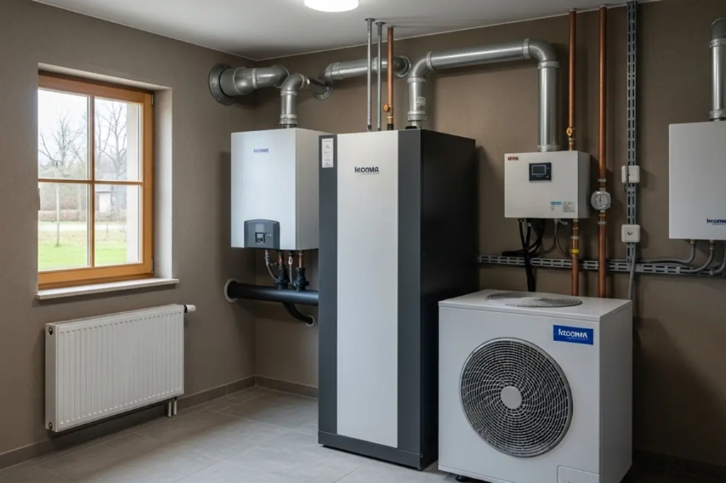 Buanderie moderne avec pompe à chaleur et chaudière de grande capacité, tuyauterie métallique et thermostat. Fenêtre lumineuse et radiateur en arrière-plan.
