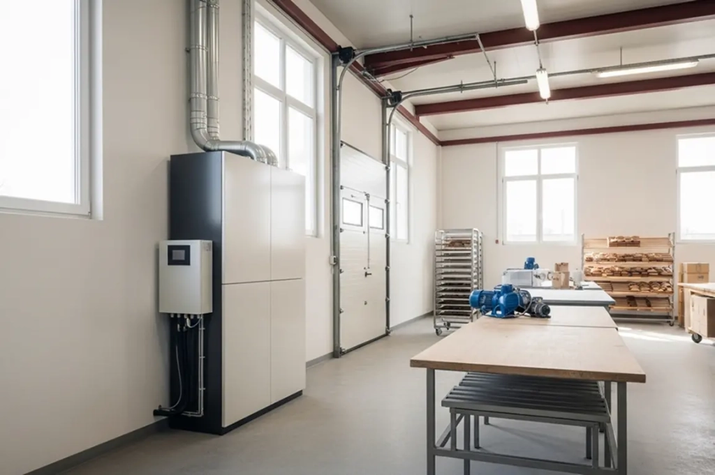 Boulangerie industrielle spacieuse et lumineuse avec de hautes fenêtres, des équipements modernes, des casiers à pain empilés, des étagères en métal et une longue table de travail en bois.