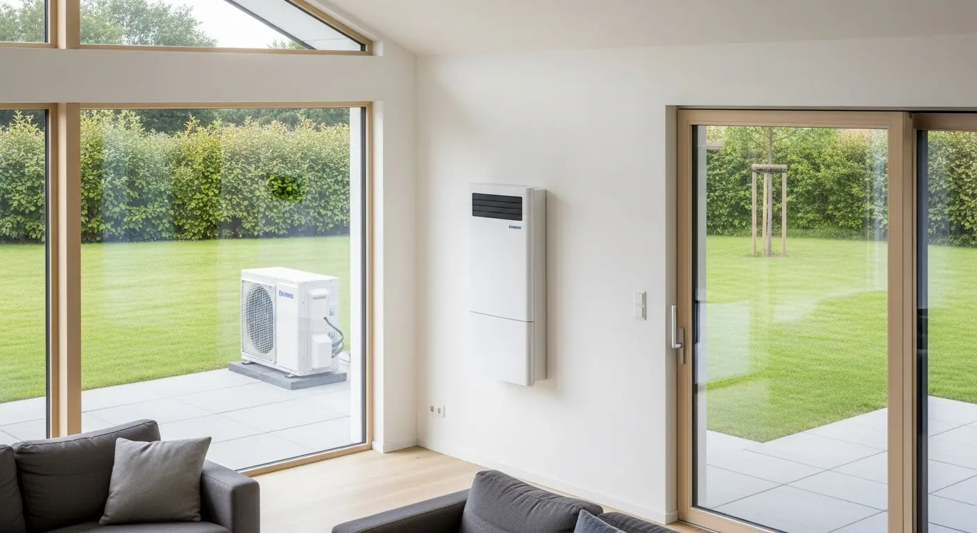 Salon moderne avec de grandes baies vitrées donnant sur un jardin luxuriant. On y découvre un climatiseur mural intérieur et un condenseur extérieur.