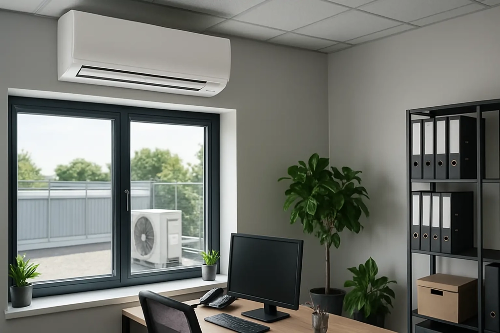 Bureau avec climatiseur mural au-dessus d'une fenêtre donnant sur la verdure. À l'intérieur, un bureau avec ordinateur, plantes en pot et étagères avec classeurs. Ambiance moderne et soignée.